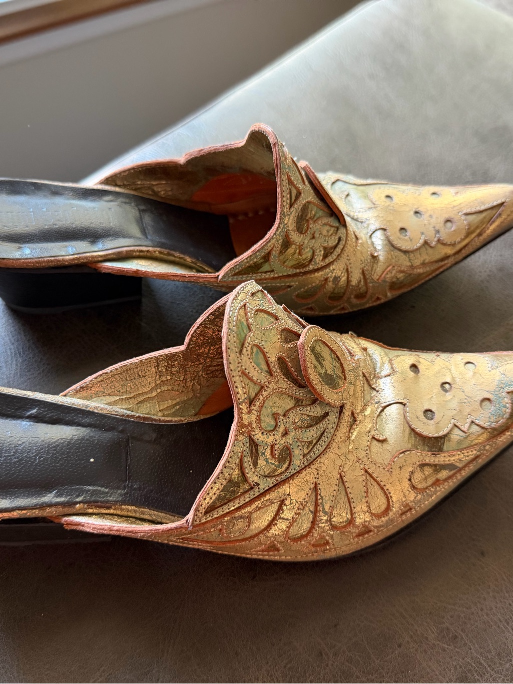 Gianni Barbato Gold And Green Embroidered Pointed Mules With Low Heel